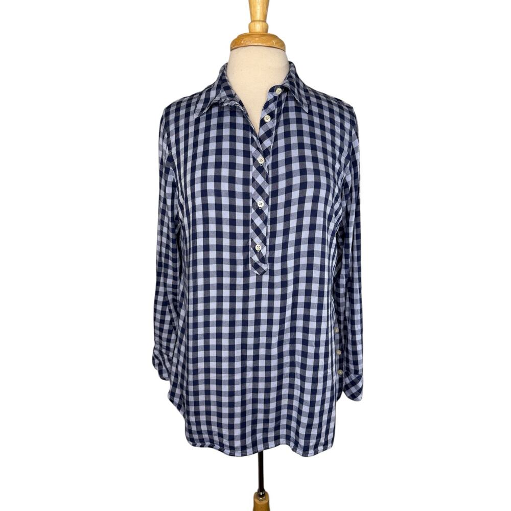 TALBOTS Blue Plaid Rayon Popover Roll Tab Sleeve Blouse Size Large Womens Button